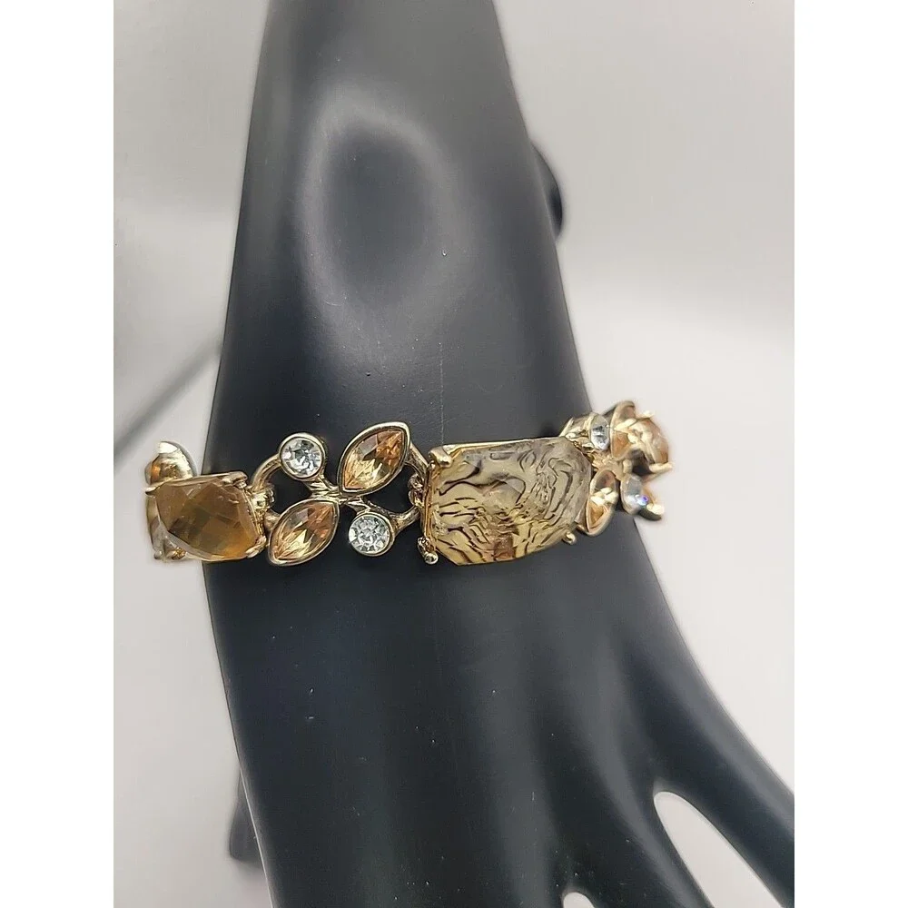 Napier Bracelet Gold Tone Amber Glass Rhinestone Link Statement Vintage Style - Picture 4 of 10